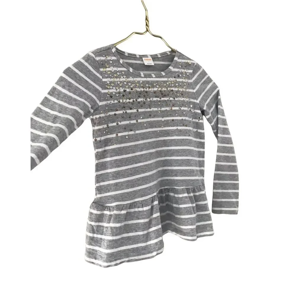 Gymboree Girls Gray Striped Ruffle Hem Blouse Sequin Cotton Size 7 Long Sleeve